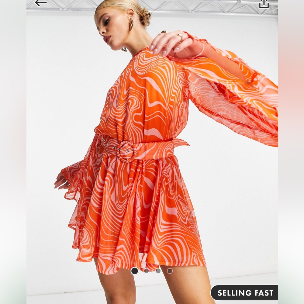 ASOS DESIGN godet mini skater dress with flared sleeves in red swirl